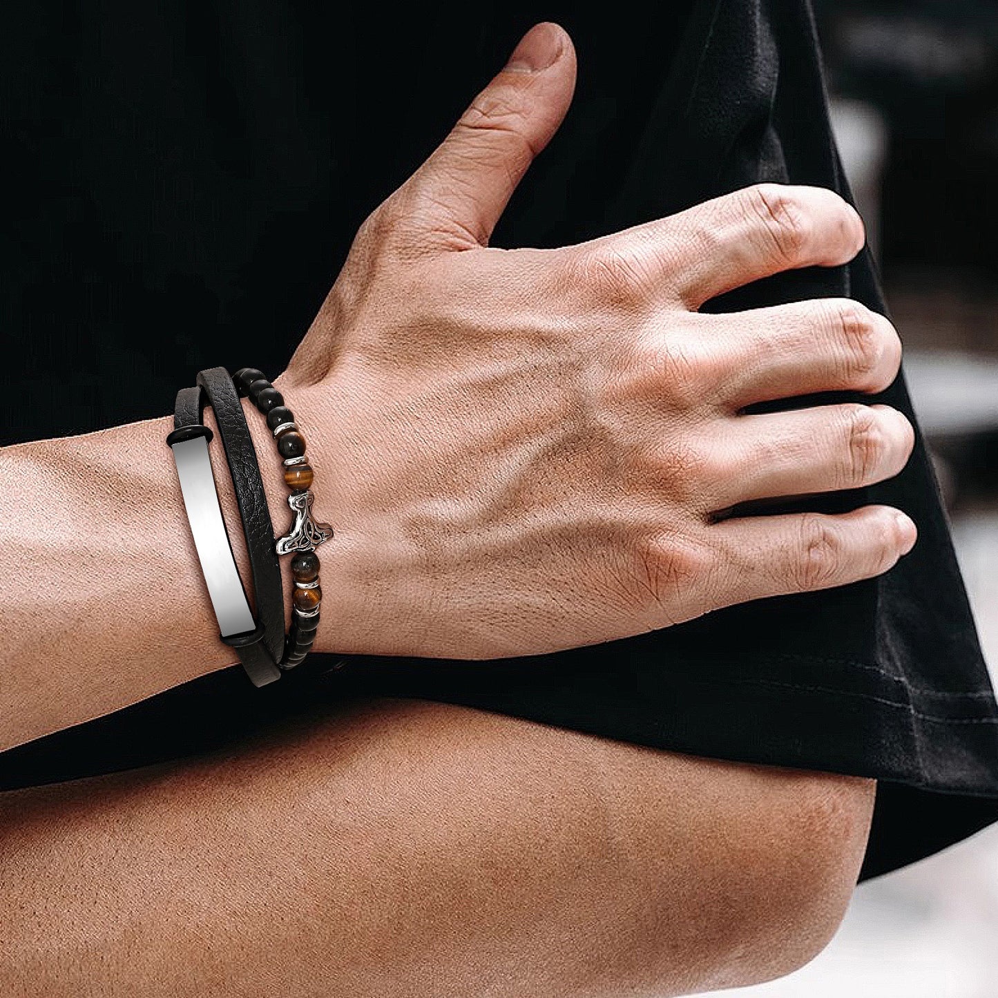 Kemstone Men’s Stainless Steel Viking Bracelet – Triple-Layer Leather with Agate & Tiger Eye BL-734