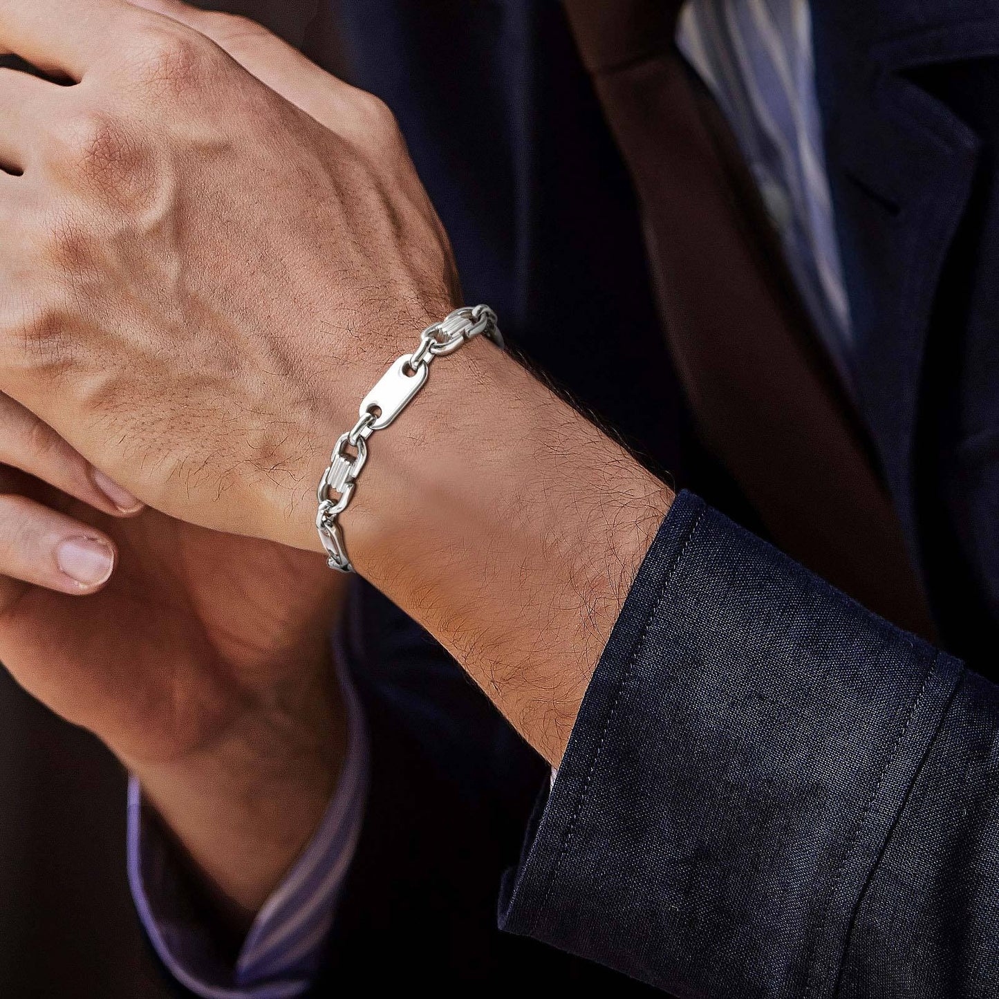 Kemstone Men’s Stainless Steel Bracelet – Silver Flat Link Jewelry BR-2705