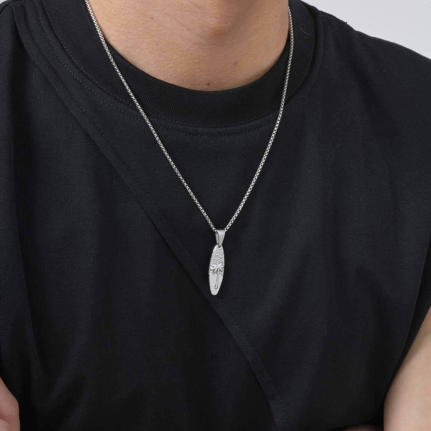 Kemstone Men’s Stainless Steel Palm Tree Necklace – Gold/Silver Oval Pendant PN-2159