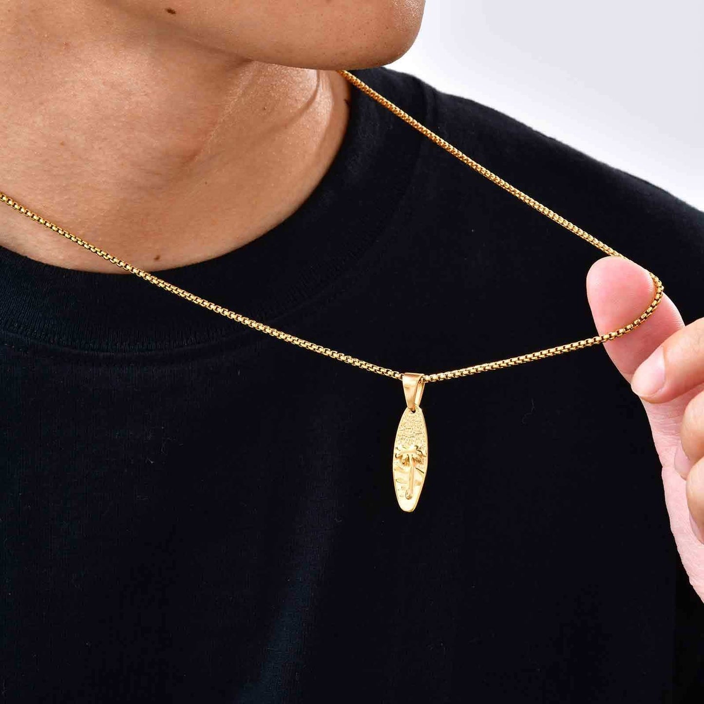 Kemstone Men’s Stainless Steel Palm Tree Necklace – Gold/Silver Oval Pendant PN-2159