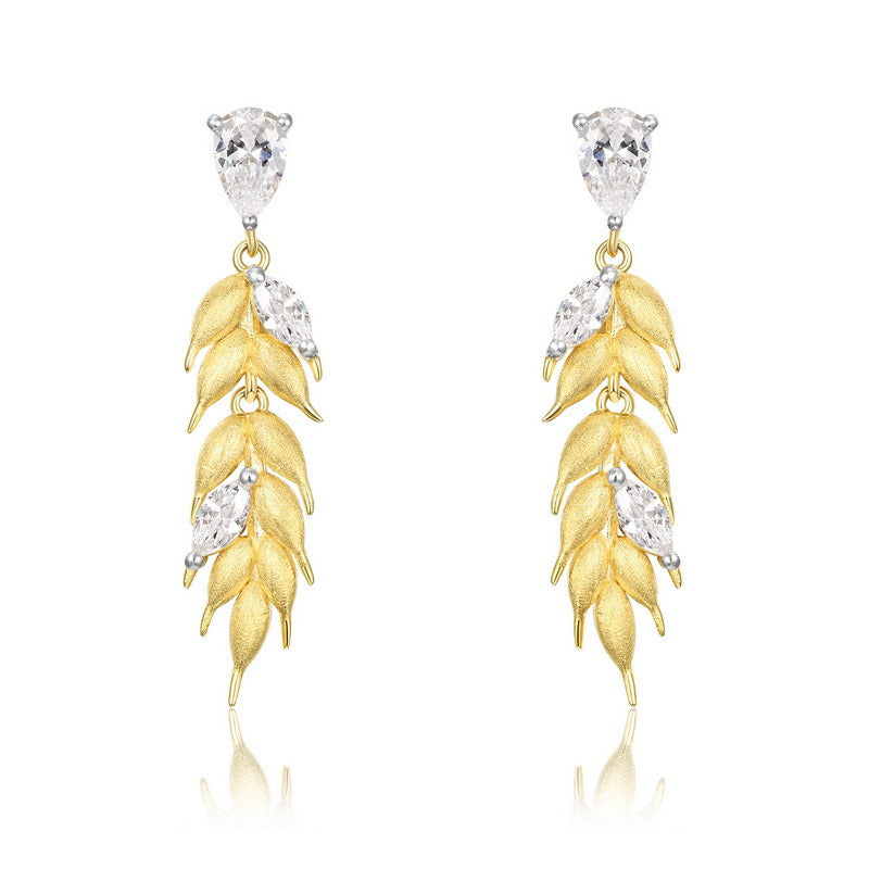 Kemstone 925 Sterling Silver Gold-Plated Wheat Tassel Earrings – Handmade Brushed Drop Earrings with Cubic Zirconia for Women