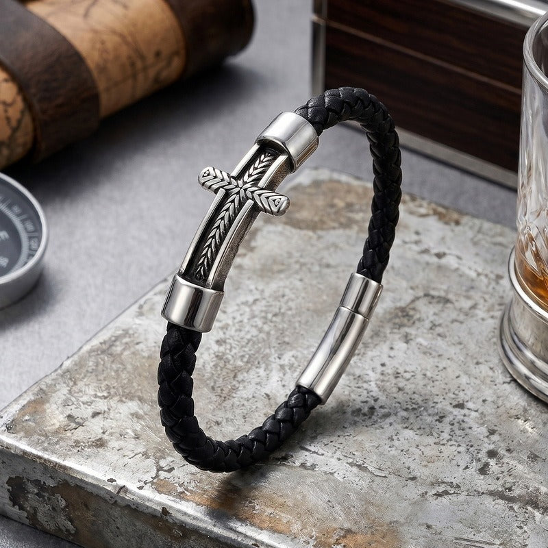 Kemstone Wheat Engraved Cross Bracelet for Men Braided Faux Leather Titanium Steel KB214751-SJ