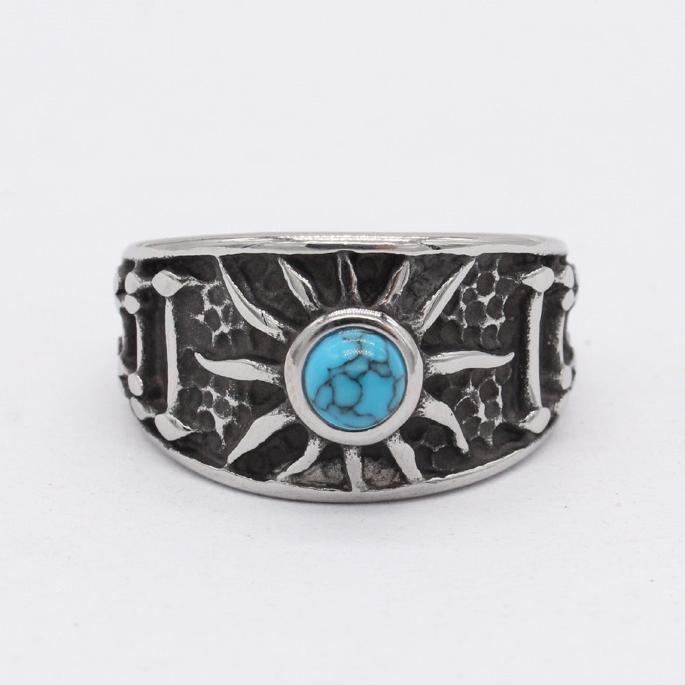 Kemstone Turquoise Ring for Men Titanium Steel Wide Band Textured Vintage R1496