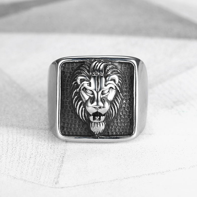 Kemstone Lion Head Signet Ring for Men Stainless Steel Square Relief Vintage TR0418