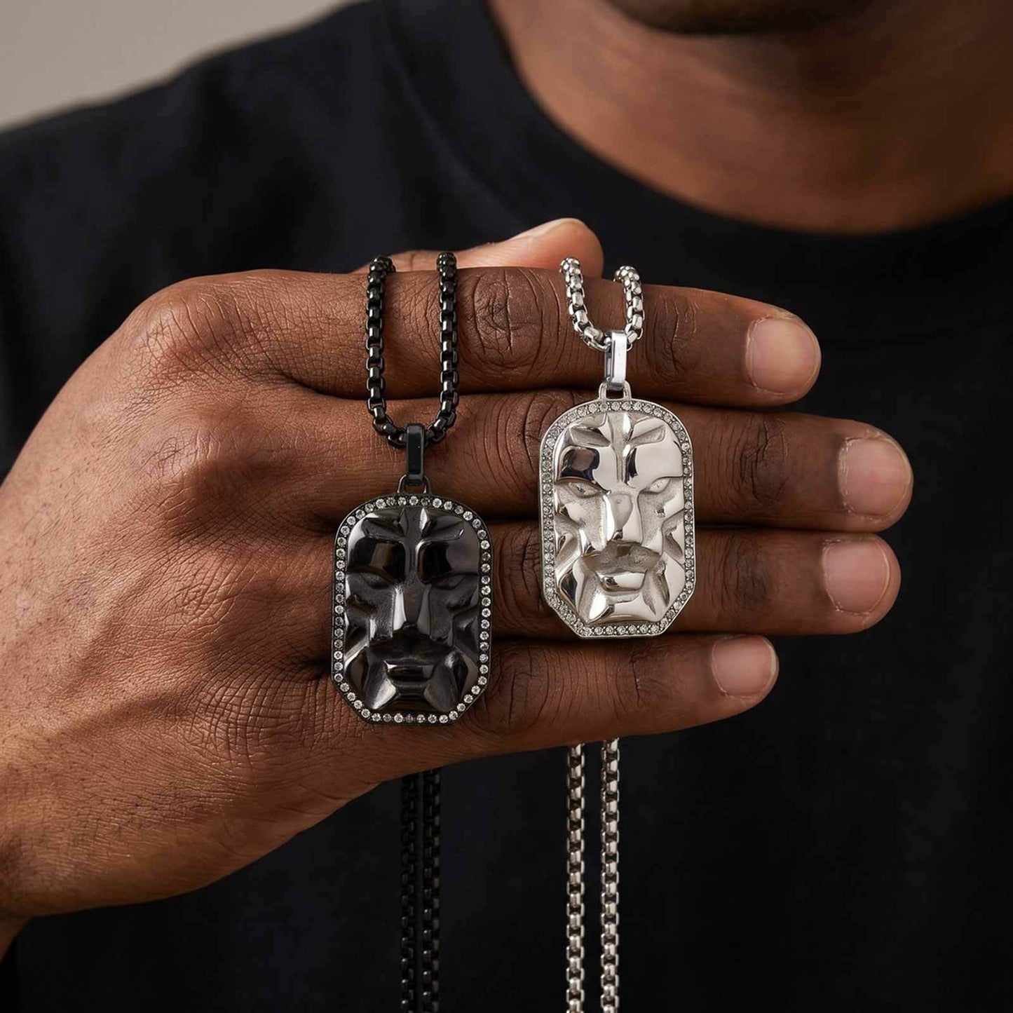 Kemston Face Pendant Necklace for Men Black Cubic Zirconia Leopard Stainless Steel Wild Identity PN-2350