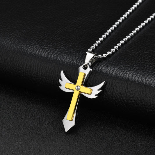 Kemstone Winged Cross Pendant Necklace for Men Two Tone NC-3031