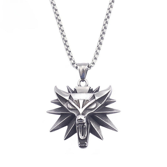 Witcher Wolf Head Pendant Necklace for Men – Gothic Viking Stainless Steel Medallion, Silver/Gold/Black KP59809-K