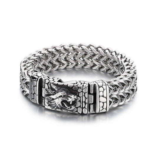 Kemstone Wolf Head Stainless Steel Bracelet – 16mm Norse Punk Chain KB184384