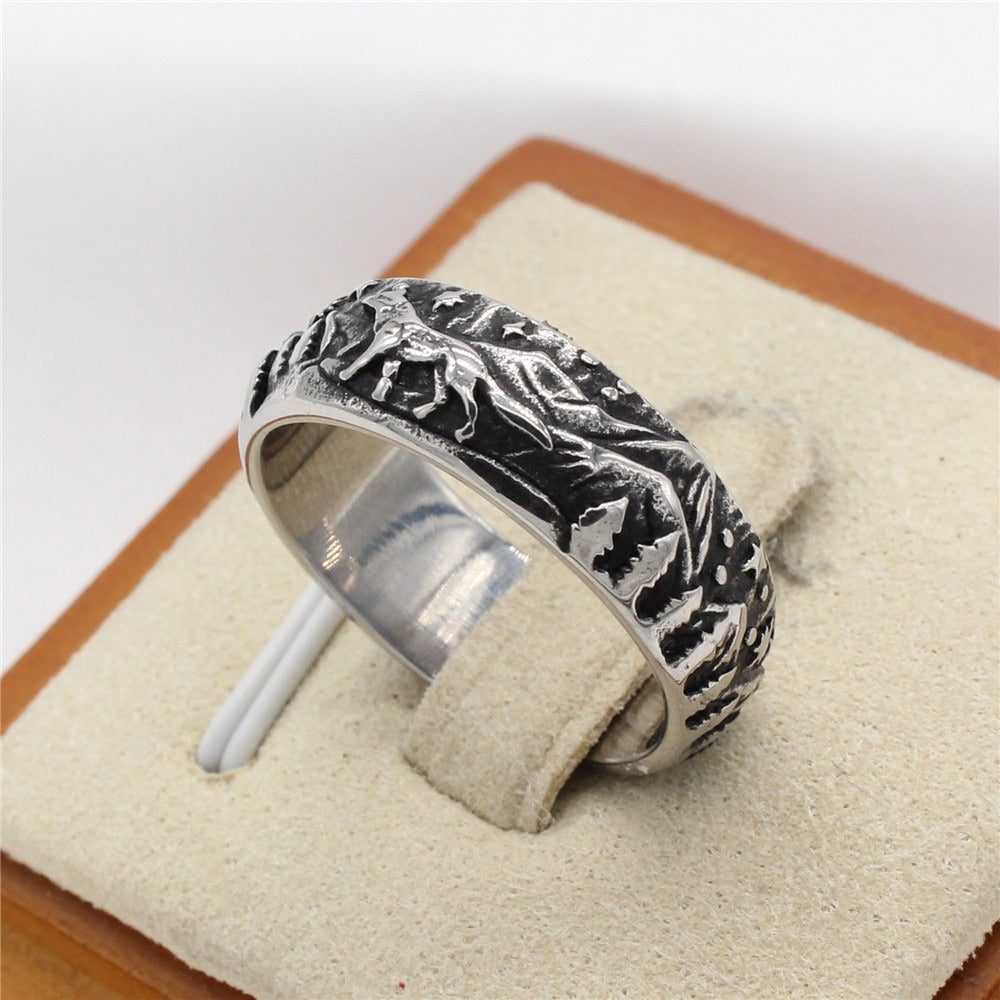 Kemstone Engraved Wolf Ring for Men Titanium Steel Mountain Forest R1679