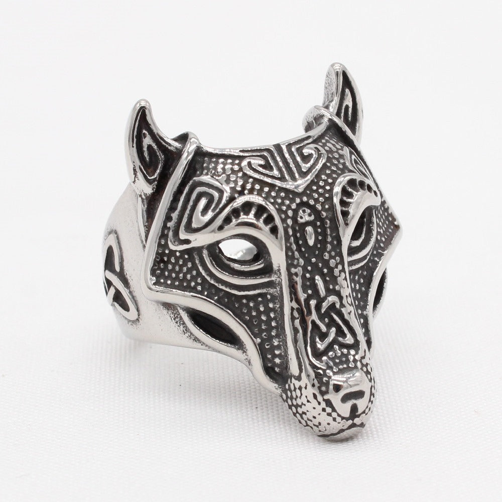 Kemstone Titanium Steel Wolf Head Ring for Men Sculpted Texture Vintage R1637