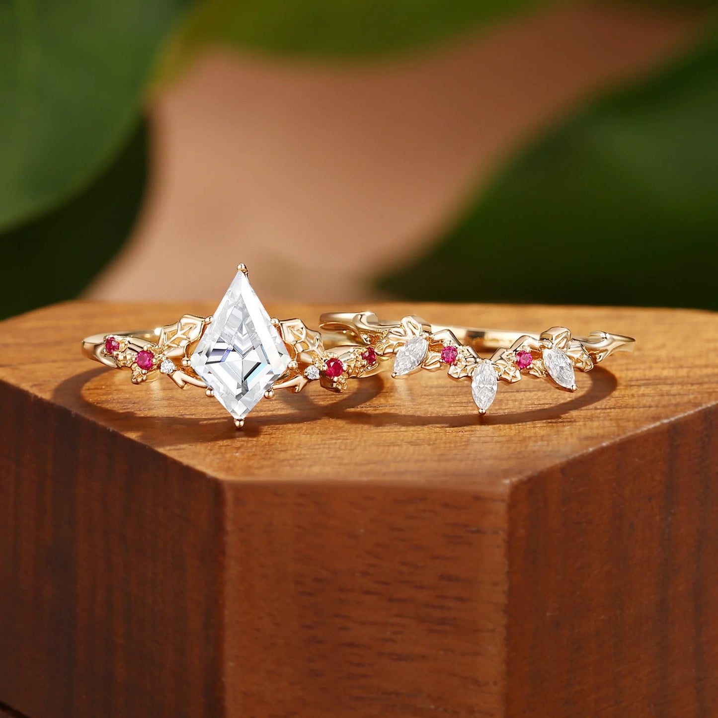Kemstone Kite Cut Moissanite Ring Set for Women – Floral Stackable Engagement Ring in S925 Sterling Silver 18K Gold Plated T7-YC0305RS