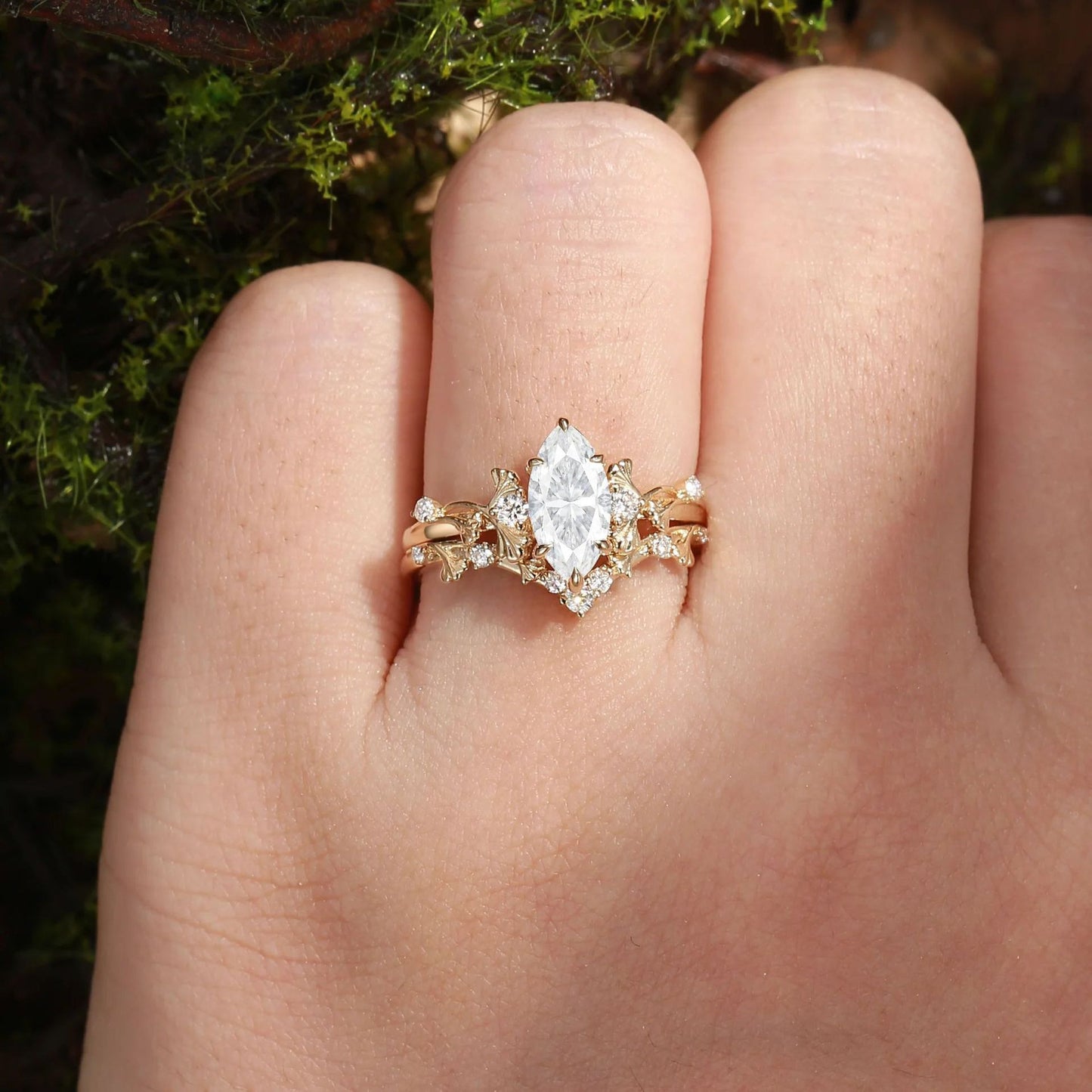 Kemstone Marquise Moissanite Floral Ring Set for Women – S925 Silver 18K Gold Plated Stackable Engagement Ring T7-YC0306RS