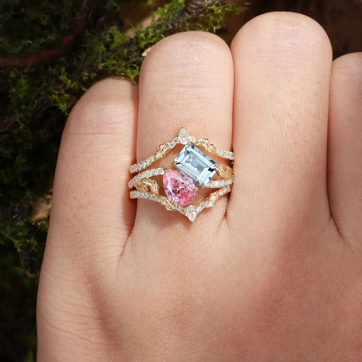 Kemstone Pink Sapphire & Aquamarine Ring Set for Women – S925 Sterling Silver 18K Gold Plated Floral Stackable Ring T7-YC0302RS
