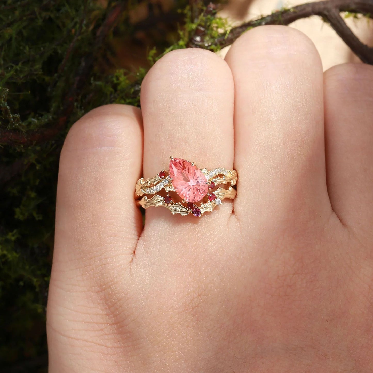 Kemstone Pink Sapphire Floral Ring Set for Women – Pear Shaped Gemstone Stackable Ring in S925 Sterling Silver 18K Gold Plated T7-YC0324RS