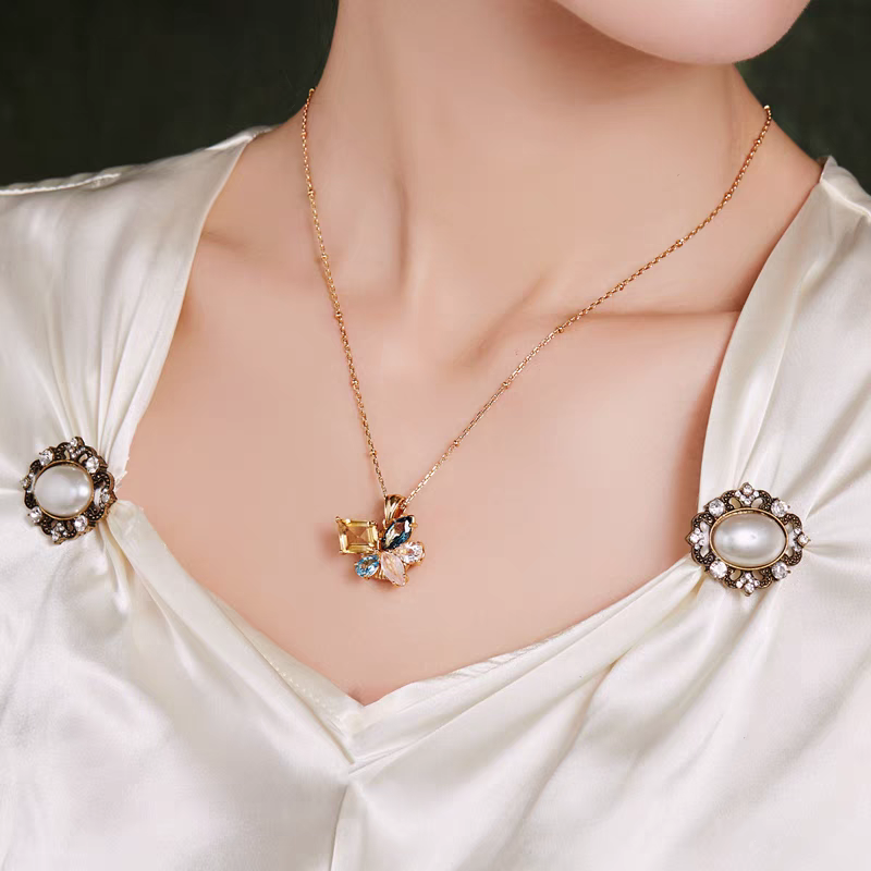 Collar de piedras preciosas radiantes de diseño original artesanal de Kemstone: collar vintage floral de plata de ley 925 con citrino, topacio, cuarzo y cuarzo rosa. Un regalo de lujo.
