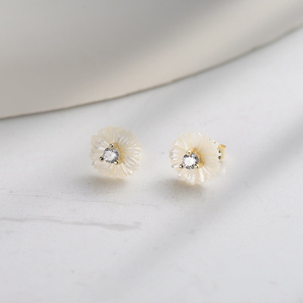 Kemstone Shell Flower Stud Earrings for Women – 925 Sterling Silver with Cubic Zirconia PSE10