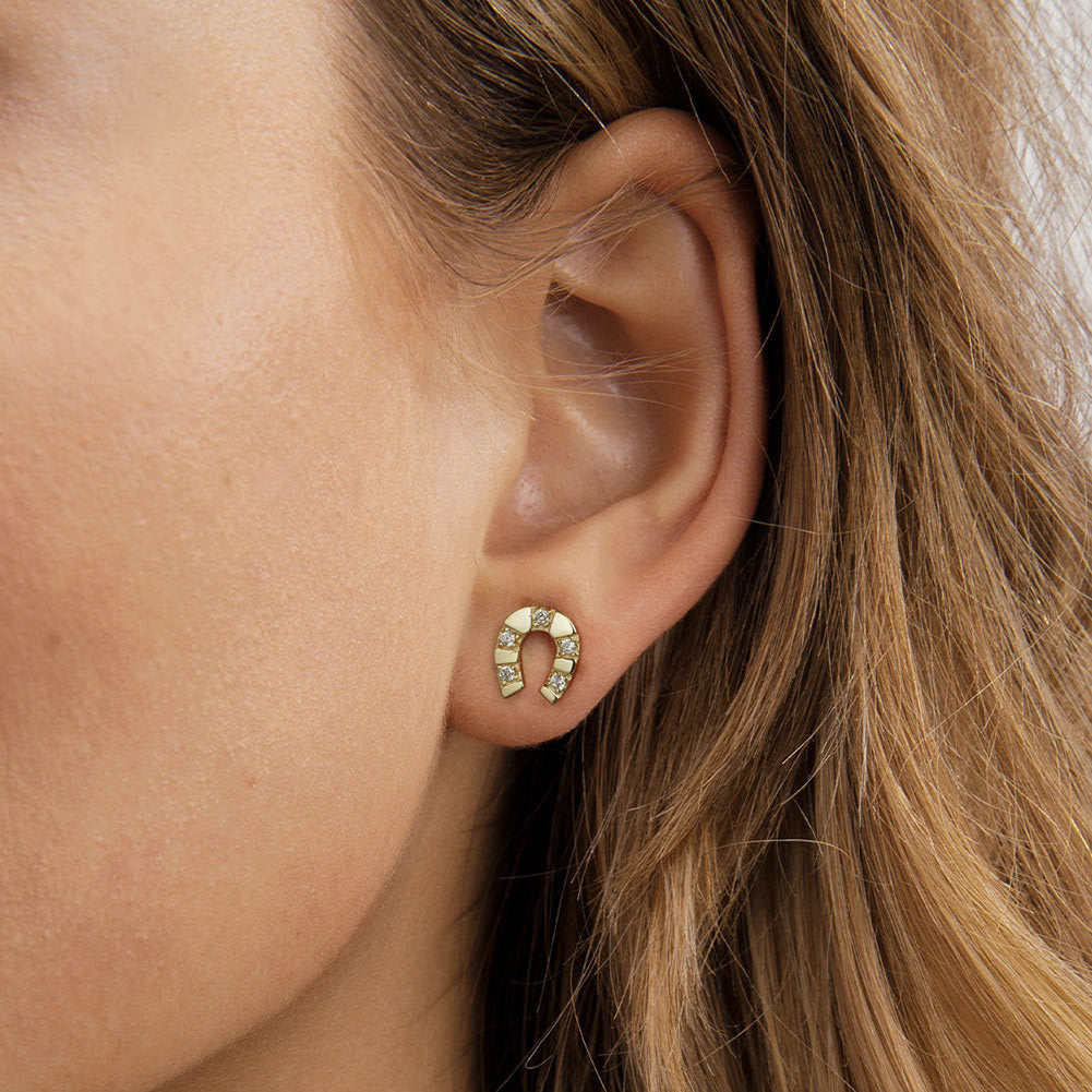 Lucky Horseshoe Stud Earrings – 925 Sterling Silver, Gold/Platinum Plated, Handmade by Kemstone A4-APE145