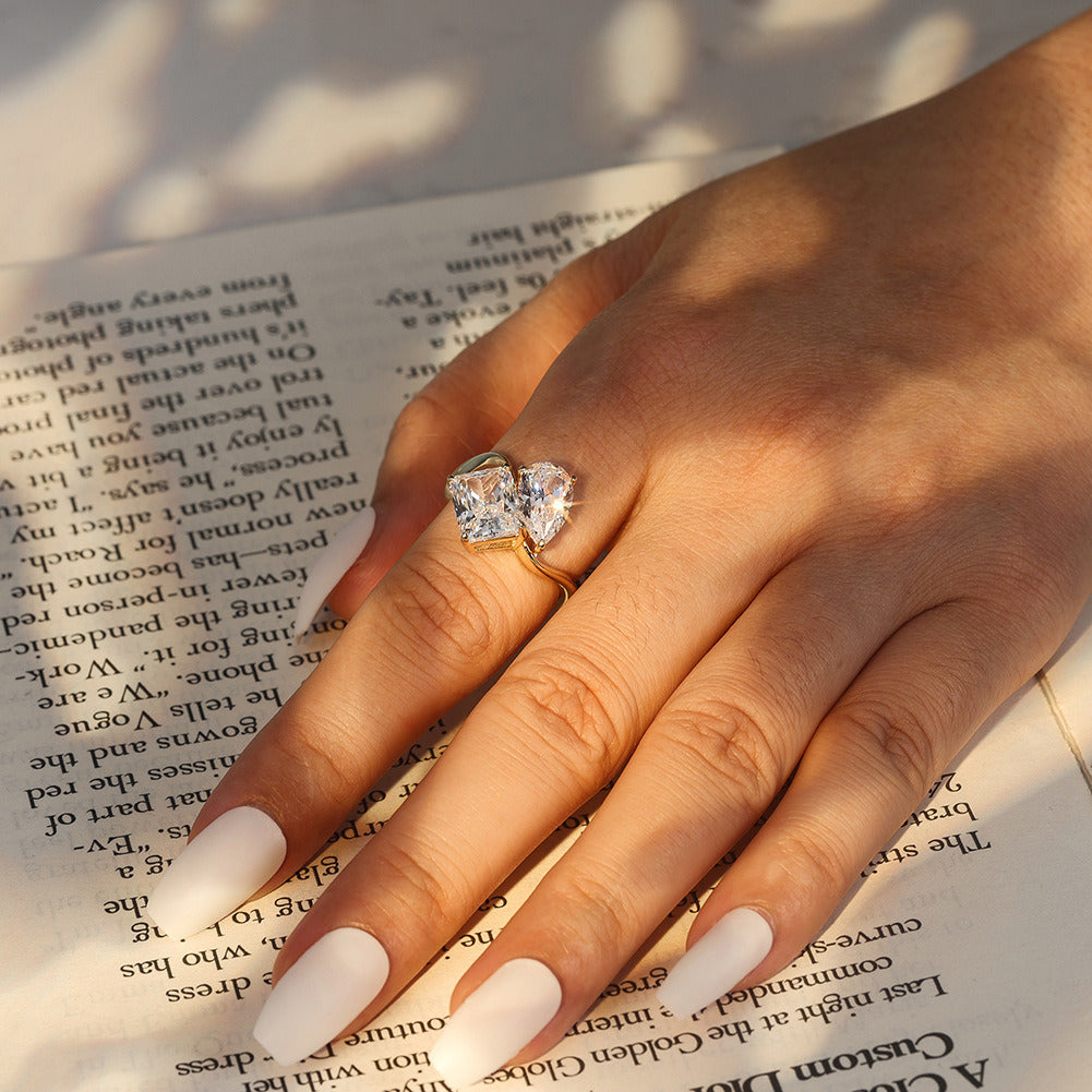Double Stone Statement Ring – 925 Sterling Silver 8A Zircon Engagement & Promise Ring, 14K Gold or Platinum Plated Jewelry by Kemstone A4-LZR42