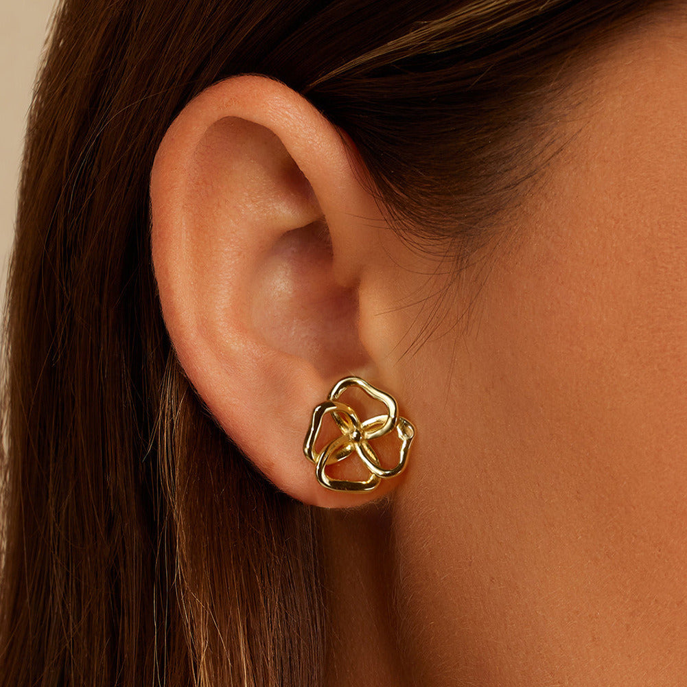 Leaf Stud Earrings – 925 Sterling Silver Gold Minimalist Floral Jewelry, Handmade Lucky Clover Hollow Design for Women A4-GAE13