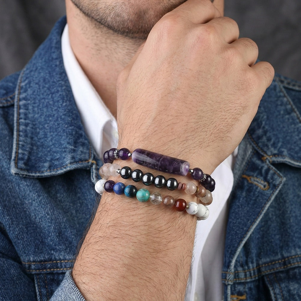 Kemston Amethyst Beaded Bracelet for Women Curved Stone Center Adjustable Cord GMB102