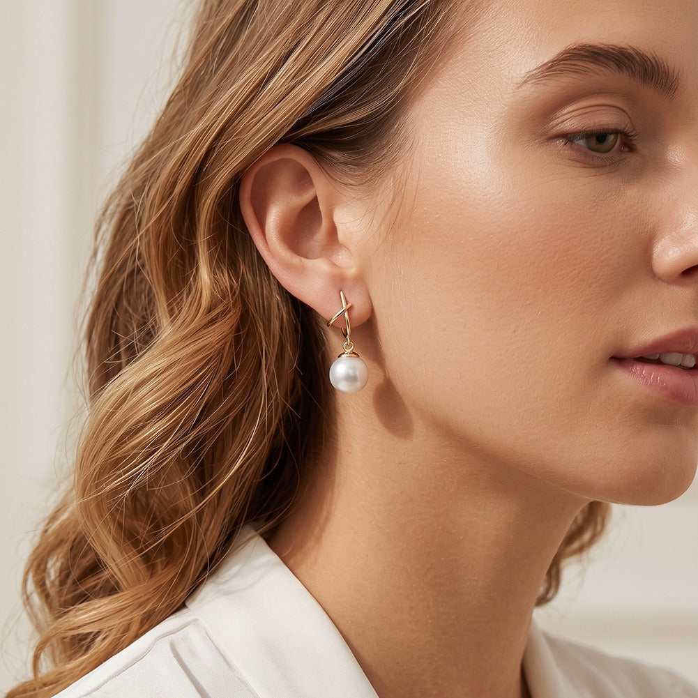 Kemstone Pearl Drop Earrings for Women 925 Sterling Silver Curved Line Design PSE14