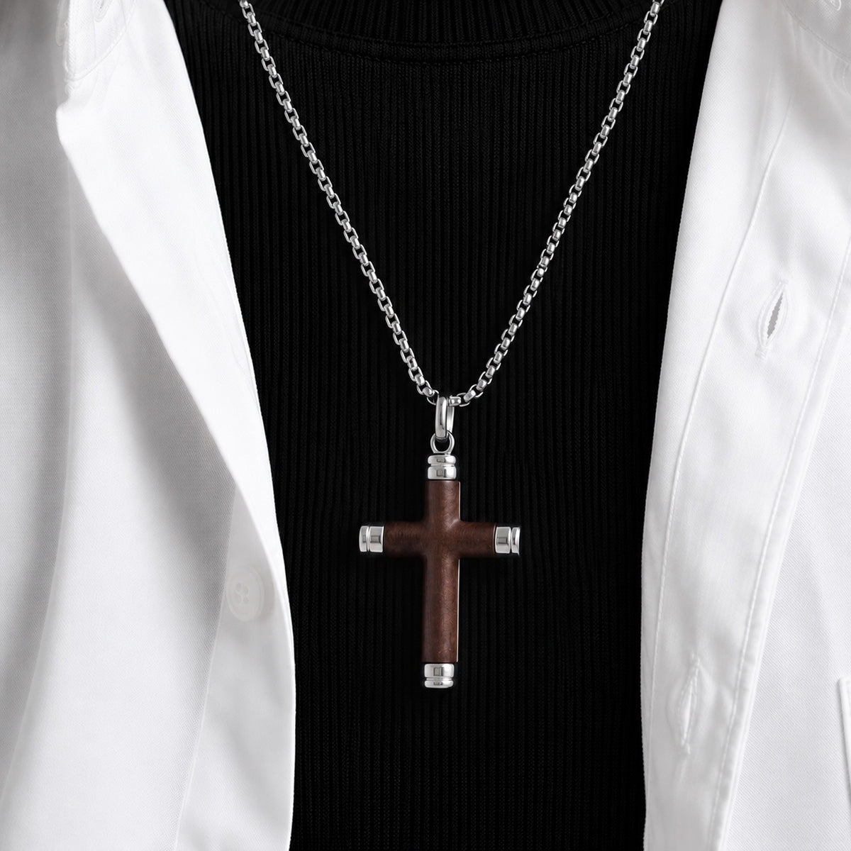 Kemstone Wood Inlay Cross Necklace for Men Stainless Steel Pendant K-PT737