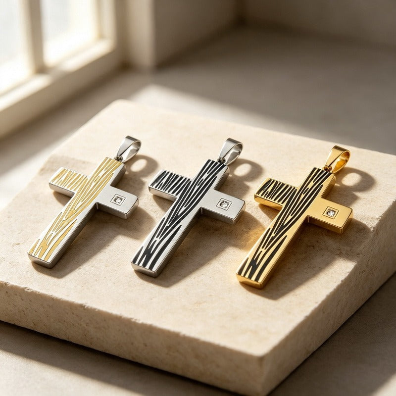 Kemstone Wood Grain Cross Pendant Necklace for Men Stainless Steel Cubic Zirconia Accent KP119491-HR
