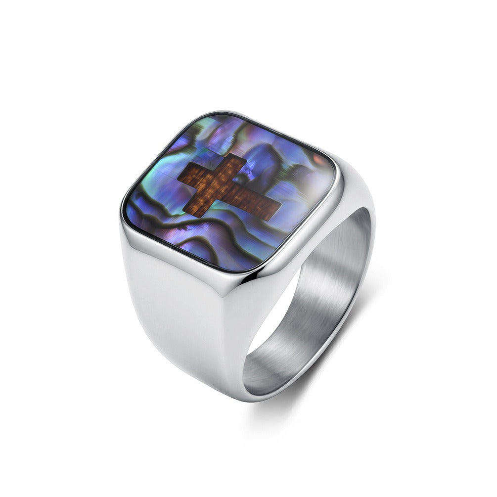 Kemstone Abalone Shell Cross Signet Ring for Men Stainless Steel K-R1239