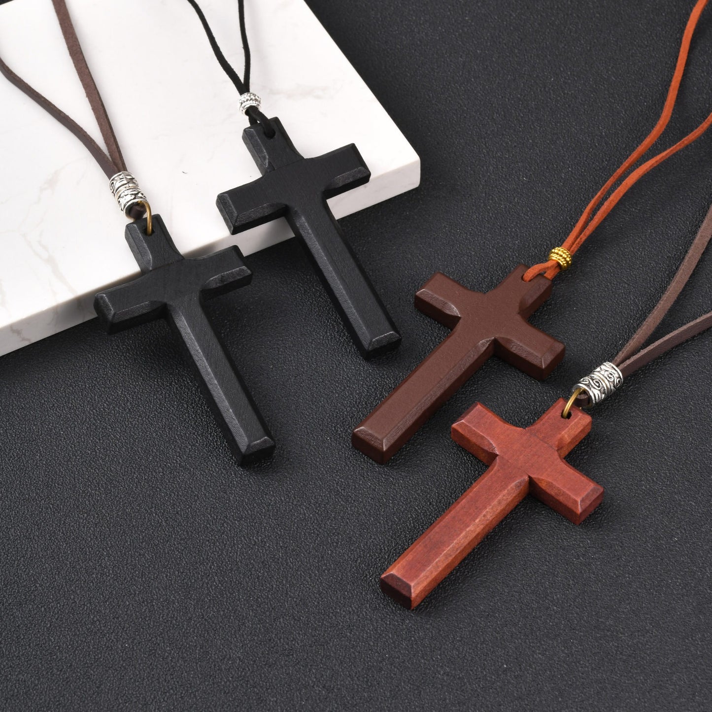 Kemston Wooden Cross Pendant Necklace for Men Adjustable Cord PN-1278