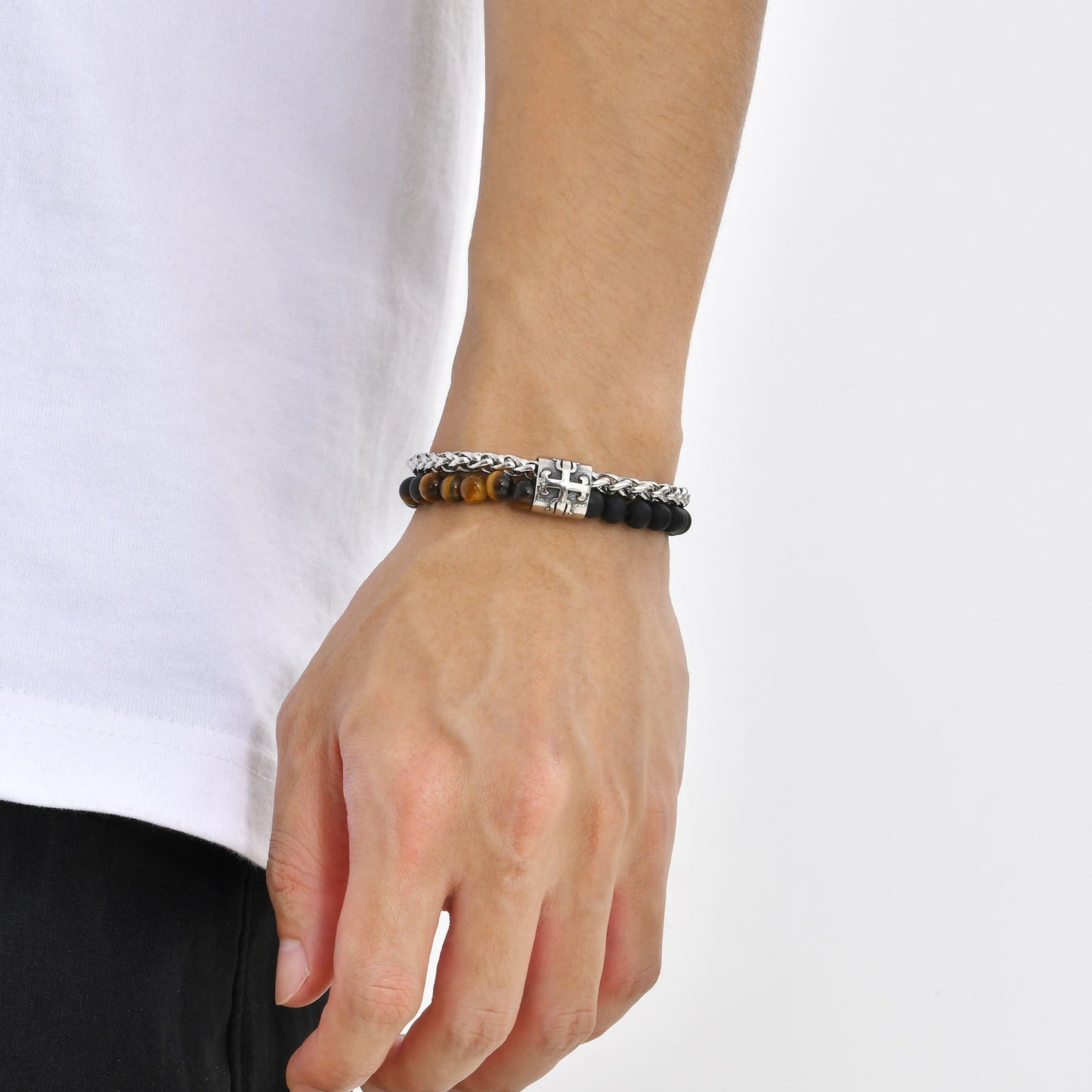 Kemstone Stainless Steel Double Layer Cross Beaded Bracelet for Men – Tiger Eye & Black Agate BR-1902