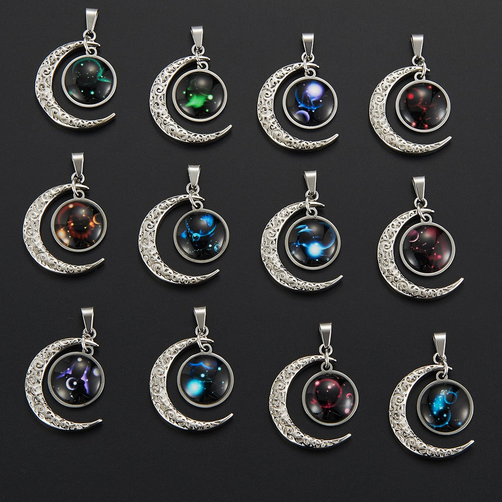 Kemstone Zodiac Sign Necklace for Men & Women Stainless Steel Crescent Moon Pendant Constellation Jewelry K-PT181