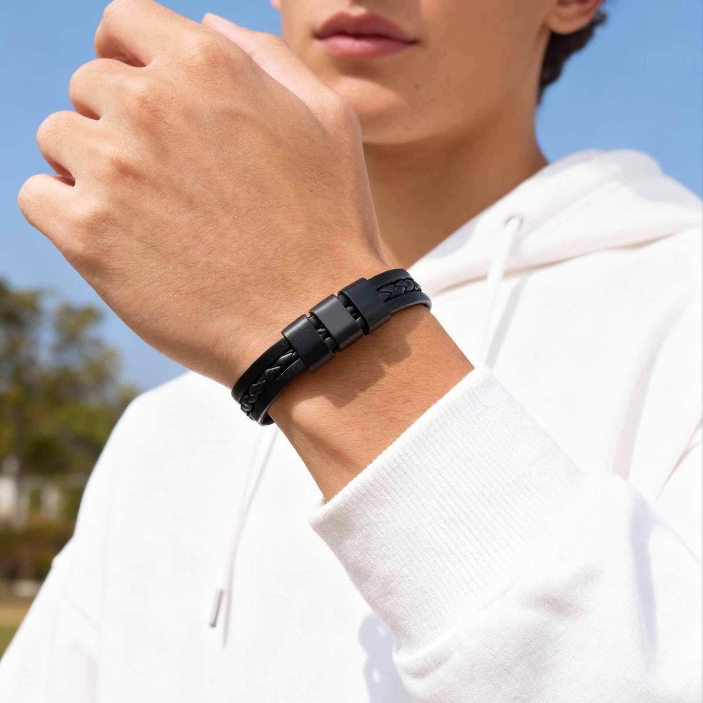 Kemstone Triple Layer PU Leather Bracelet – Black Minimal Street Style for Men BL-826