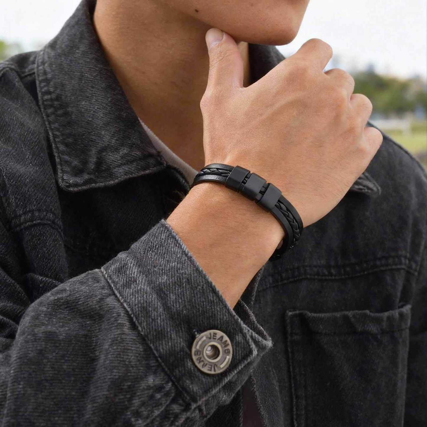 Kemstone Triple Layer PU Leather Bracelet – Black Minimal Street Style for Men BL-826