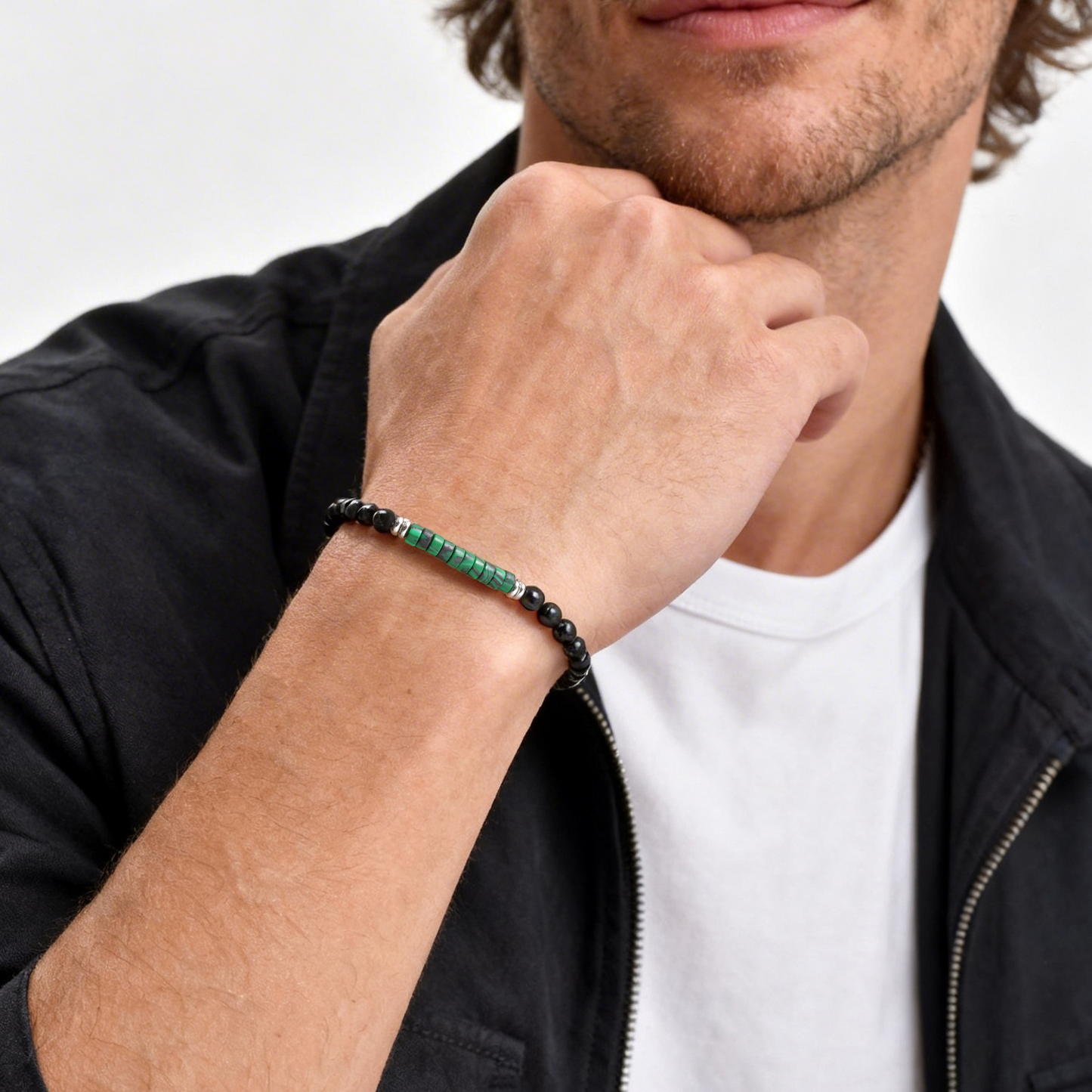 Kemstone Stone Beaded Bracelet Green Bead Adjustable Chain for Men Women BR-2925