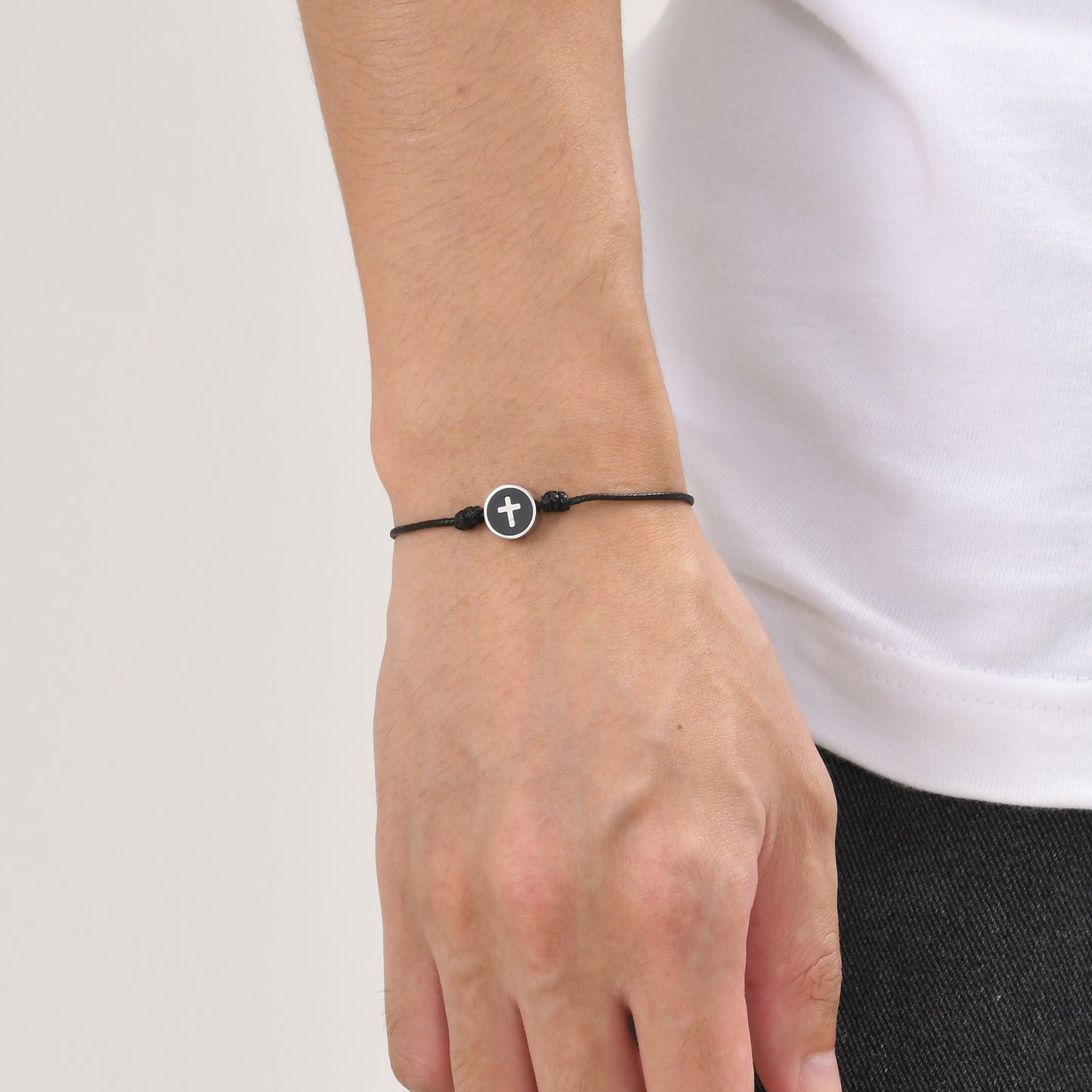 Kemstone Cross Bracelet for Men Stainless Steel Round Charm Adjustable Nylon Cord CB-195