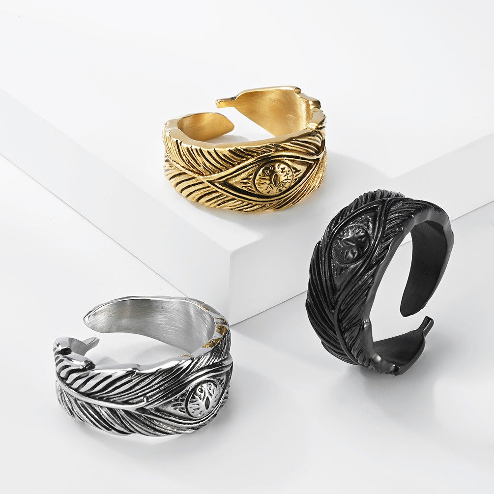 Kemstone Feather Ring for Men Titanium Steel Adjustable Open Band KR1155