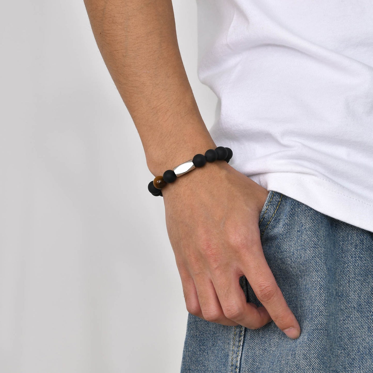 Kemstone Men’s Matte Onyx & Tiger Eye Bracelet – Adjustable Natural Stone Band BR-1680