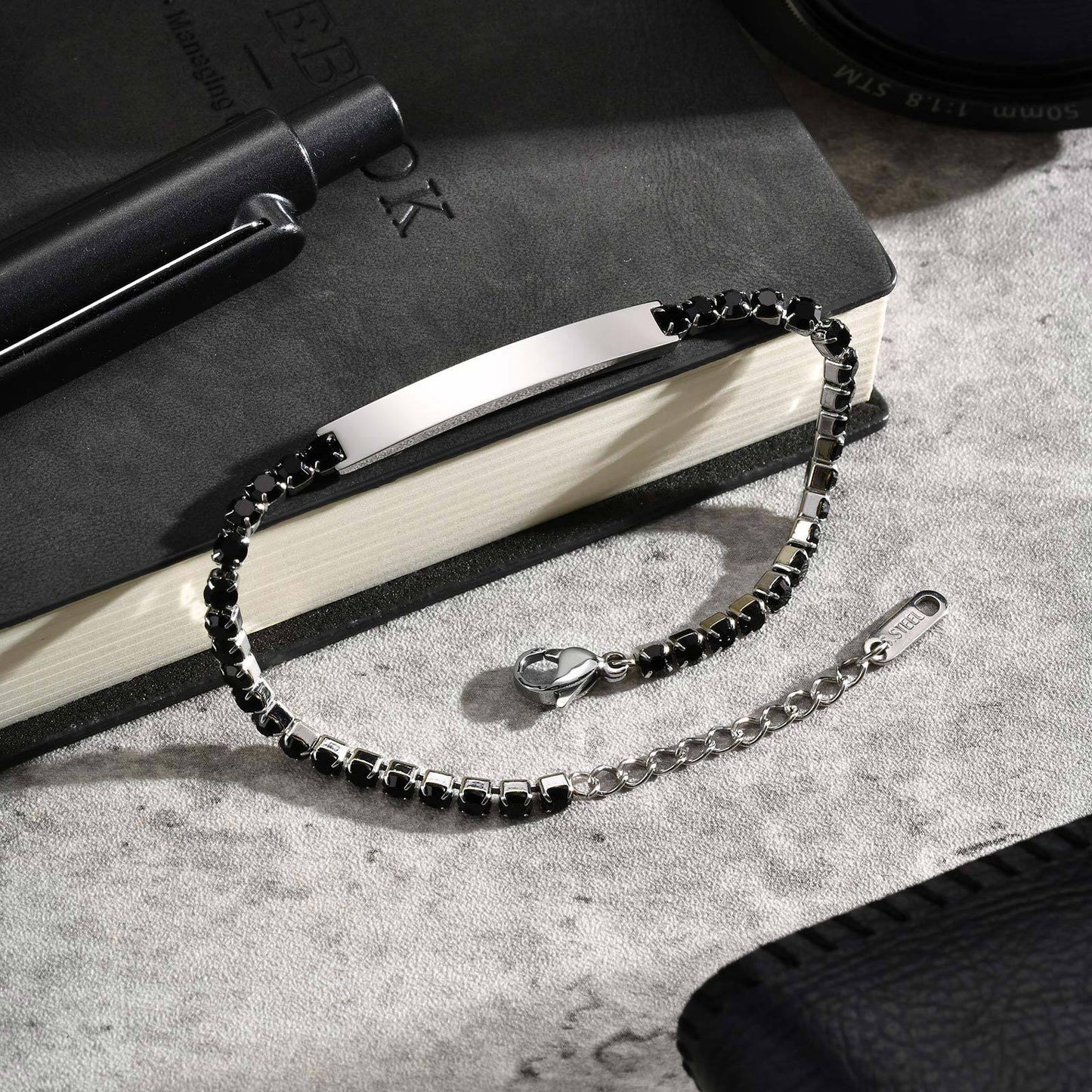 Kemstone Stainless Steel ID Bracelet – Black Cubic Zirconia Accent for Men BR-2709