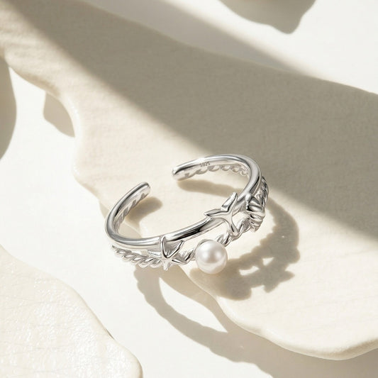 Kemstone Starfish Ring for Women Pearl 925 Sterling Silver Adjustable Open Ocean Style Gold Silver APR46