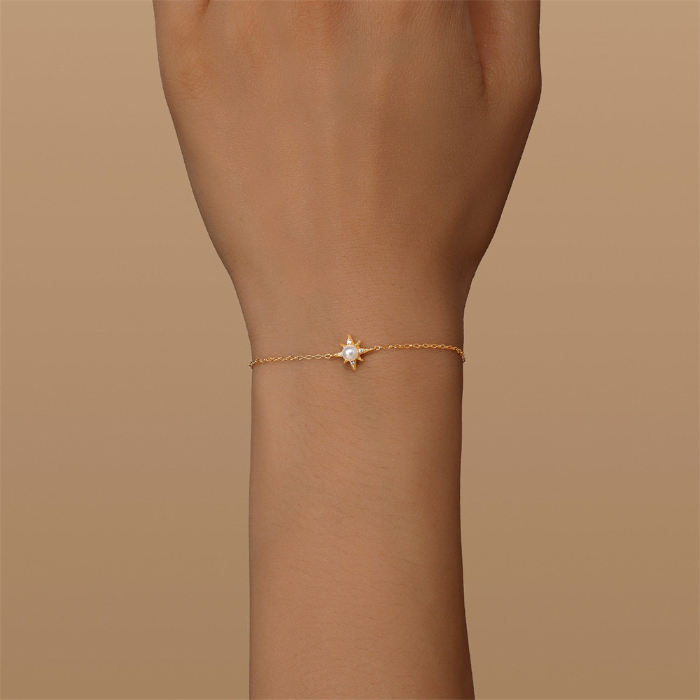 Kemstone 925 Sterling Silver Pearl Star Bracelet for Women Cubic Zirconia Dainty Chain 60604001652C