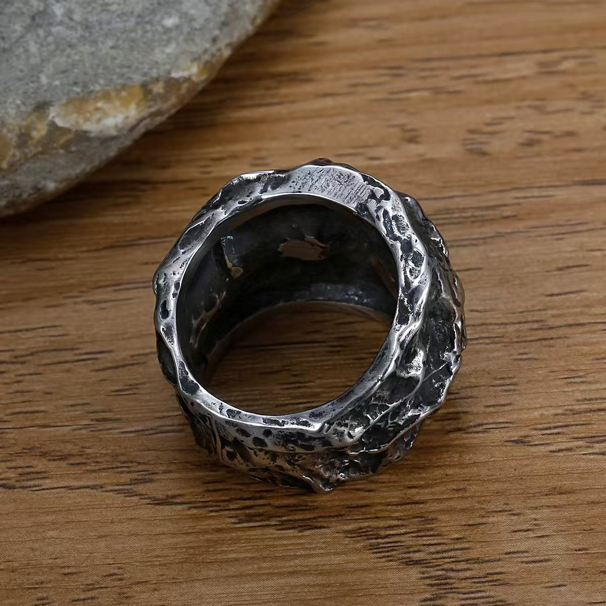Kemstone Textured Skull Ring for Men Stainless Steel Wide Band TR0502