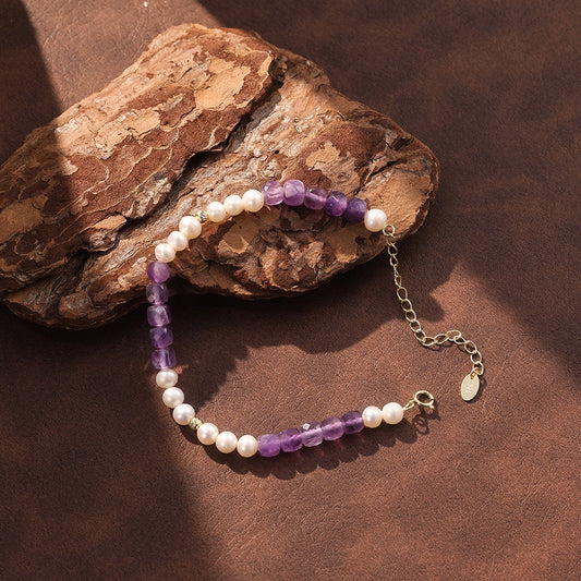 Kemston Amethyst & Freshwater Pearl Beaded Bracelet for Women 925 Sterling Silver MPB17