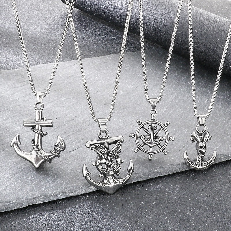 Kemstone Anchor Pendant Necklace Titanium Steel Nautical Wheel Skull Cross Design for Men Silver KP117037-LU