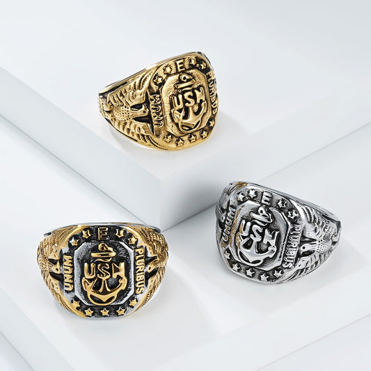 Kemstone Men’s Stainless Steel Anchor Eagle Ring – Vintage Marine Symbol of Strength K-R1088