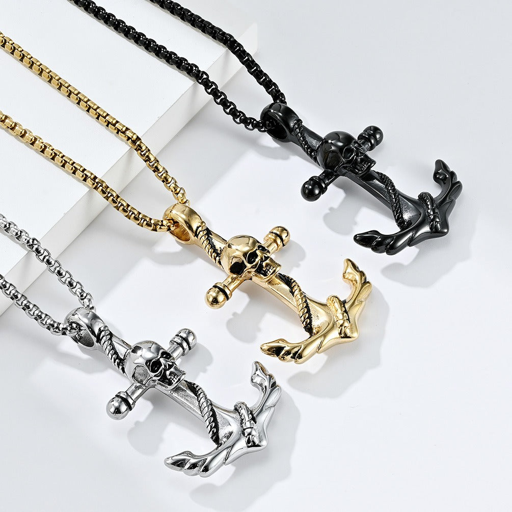 Kemstone Stainless Steel Anchor Skull Pendant Necklace for Men Nautical Gothic K-PT424