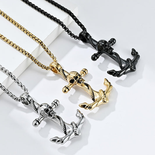 Kemstone Stainless Steel Anchor Skull Pendant Necklace for Men Nautical Gothic K-PT424