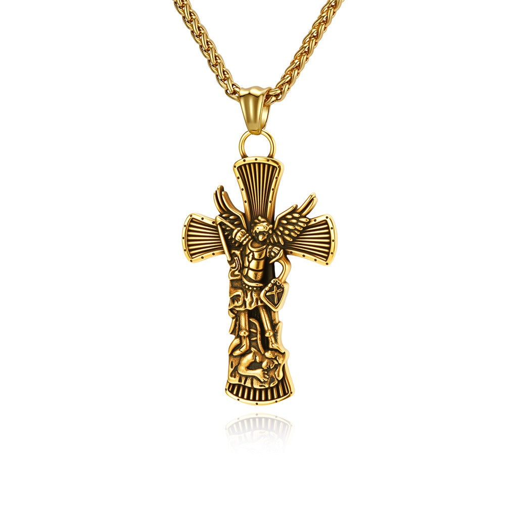 Kemstone Stainless Steel Cross Necklace for Men Angel Figure Detailed Pendant Chain Silver Gold Black K-PT706