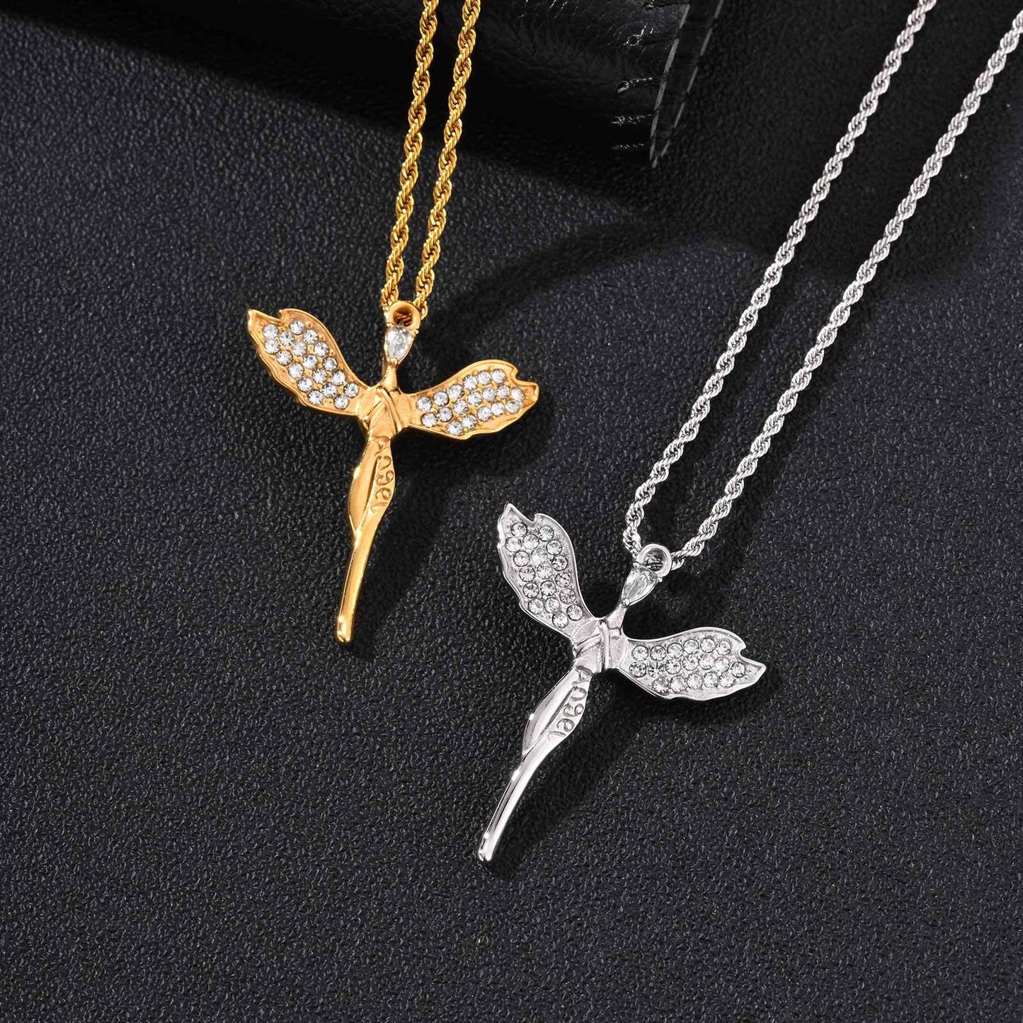 Kemston Stainless Steel Angel Wing Cross Pendant Necklace for Men Women PN-2404