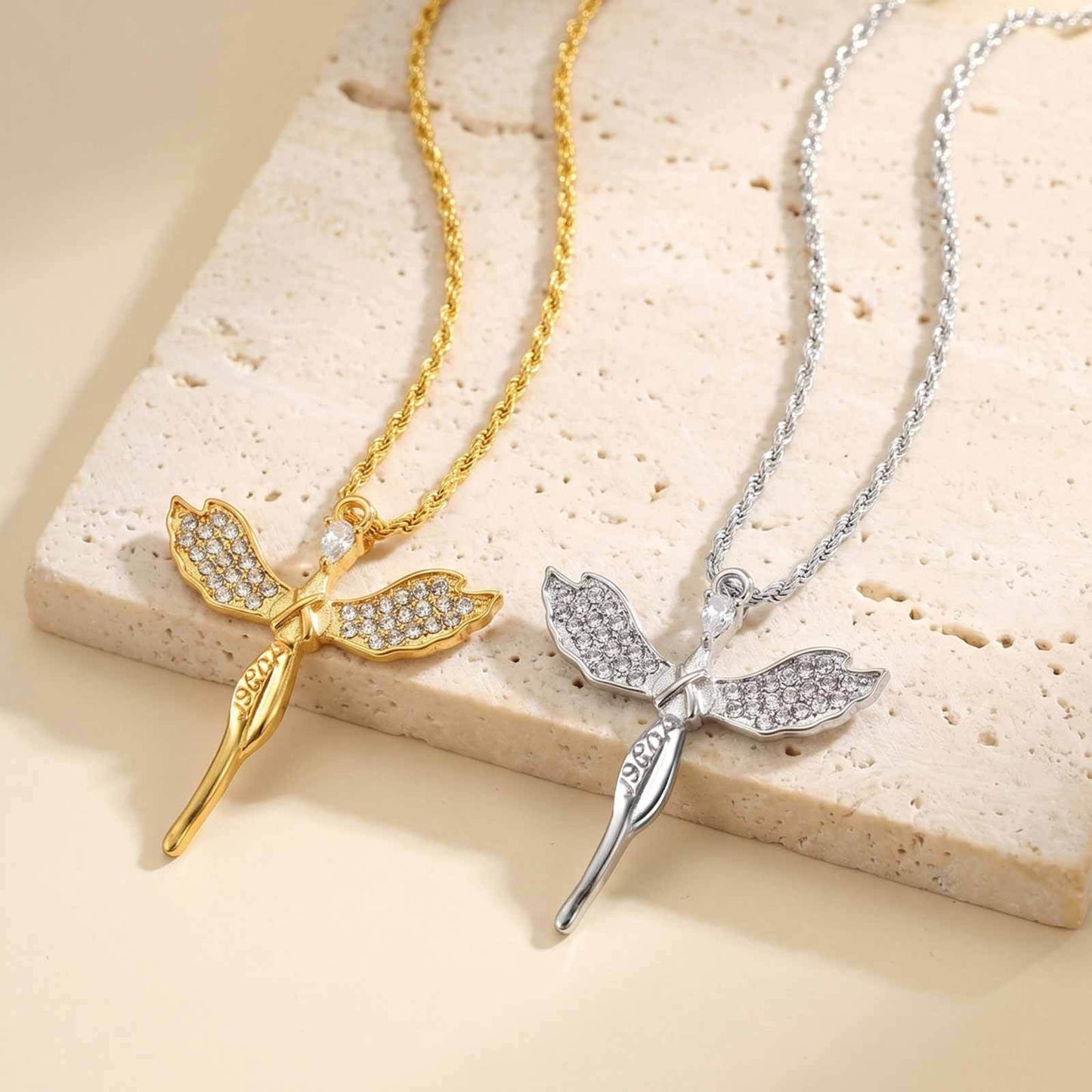 Kemston Stainless Steel Angel Wing Cross Pendant Necklace for Men Women PN-2404