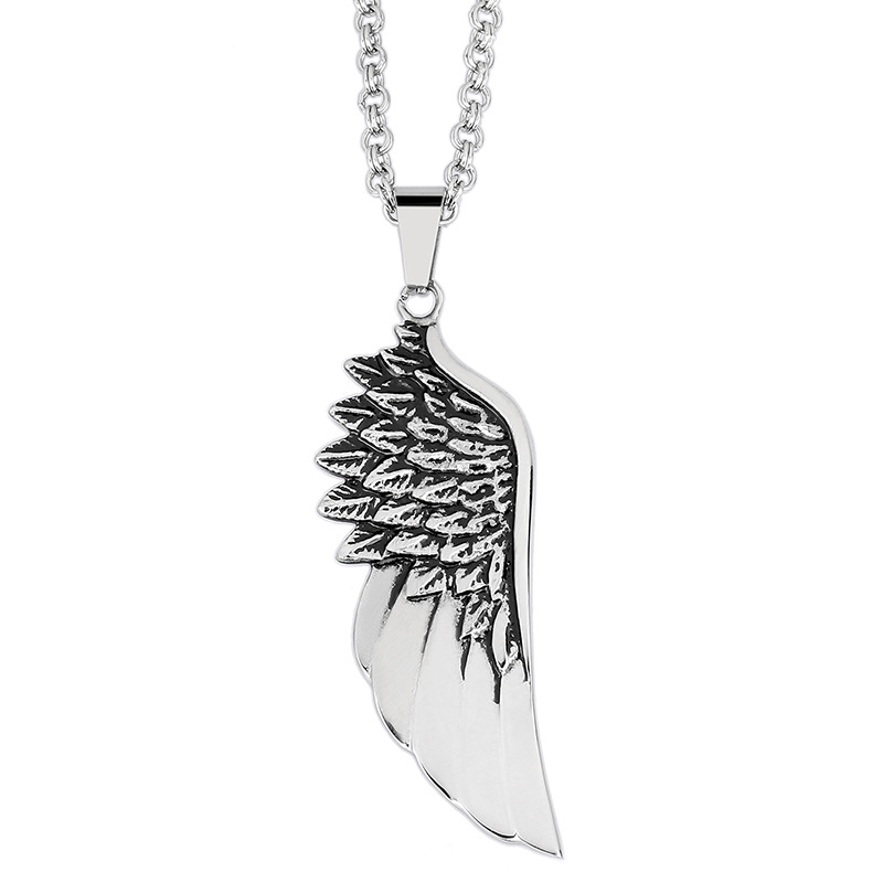 Kemstone Angel Wing Feather Titanium Steel Pendant Necklace for Men – Sculpted Silver KP39920